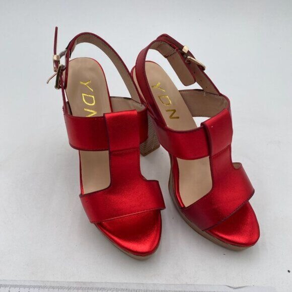 YDN Red T-Strap Stacked Chunky High Heel Ankle Strap Platform Open Toe Sandals - Picture 4 of 8